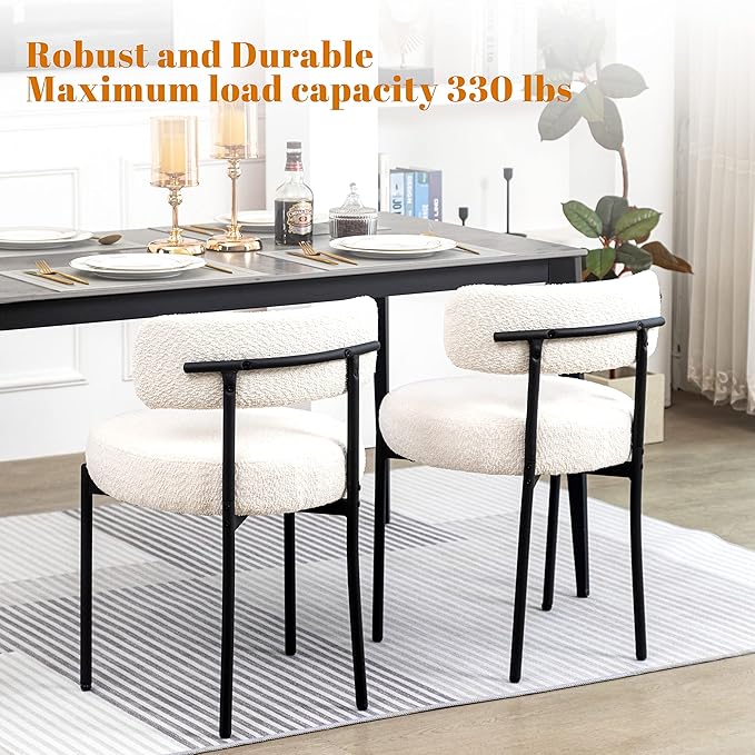 DYHOME Dining Chairs Set of 4, White Modern Upholstered Kitchen Dining Room Chairs, Boucle Dining Chairs Curved Backrest, Mid Century Kitchen Chairs with Black Metal Legs - LeafyLoom