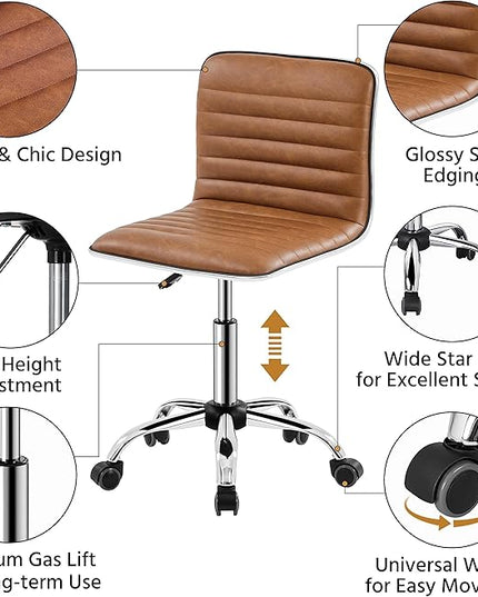 Yaheetech Low Back PU Leather Ribbed Armless Office Chair, Ergonomic Swivel Computer Task Chair with Wheels for Office, Home - LeafyLoom