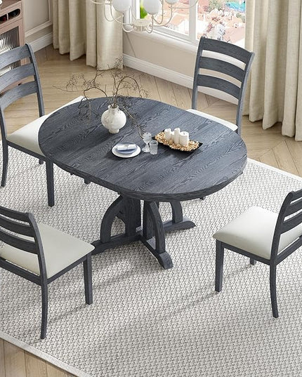 Farmhouse Round Pedestal 15.8" Removable Leaf, Extendable Kitchen w/Ladder Back Chairs, for Small Places, Room, 5 Piece Dining Table Set, Black 4 - LeafyLoom
