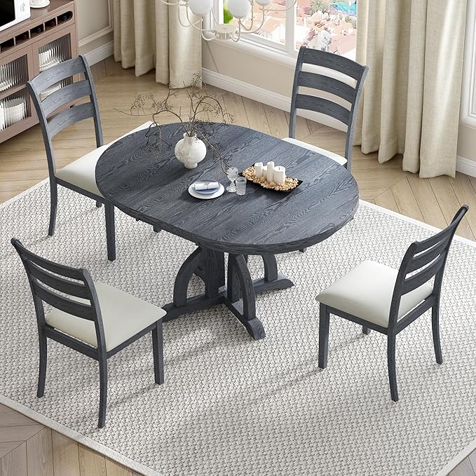 Farmhouse Round Pedestal 15.8" Removable Leaf, Extendable Kitchen w/Ladder Back Chairs, for Small Places, Room, 5 Piece Dining Table Set, Black 4 - LeafyLoom