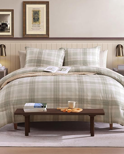 Beige Comforter Full Size, Khaki Green Plaid Full Size Comforter Sets for Boys & Girls,Classic Homestead-style Bedding Sets Full with Full Size Bed Sheets and Comforter Set - LeafyLoom
