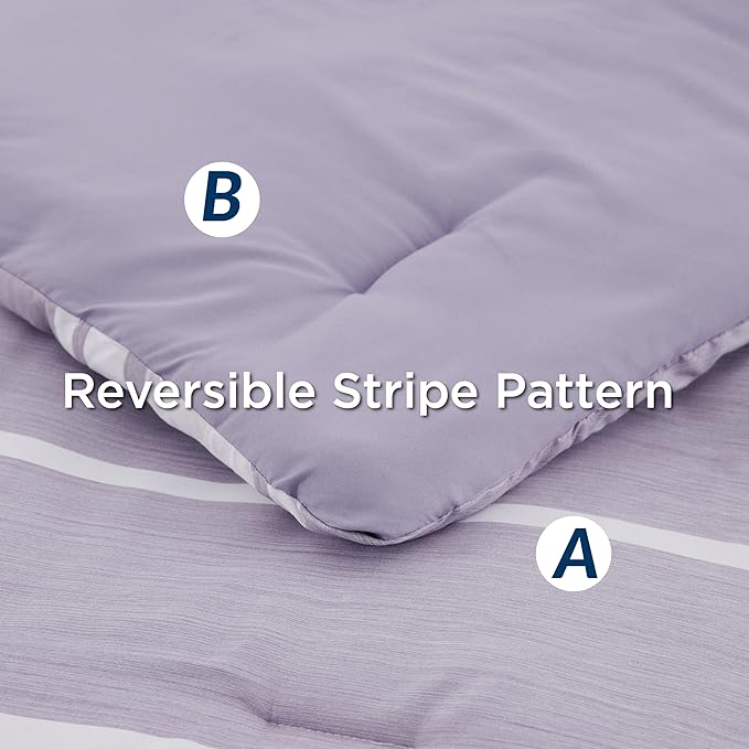 Bedsure Bed in a Bag Queen Size 7 Pieces, Purple White Striped Bedding Comforter Sets All Season Bed Set, 2 Pillow Shams, Flat Sheet, Fitted Sheet and 2 Pillowcases - LeafyLoom