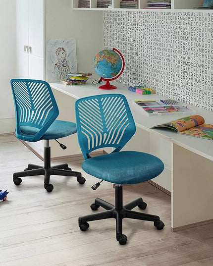 Yaheetech Students Cute Desk Chair Low-Back Armless Study Chair w/Lumbar Support Adjustable Swivel Chair in Home Bedroom School, Turquoise - LeafyLoom