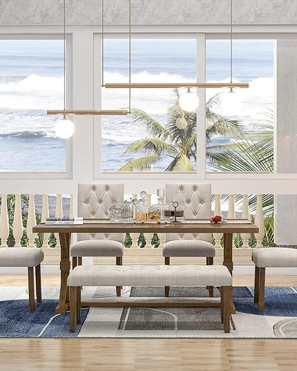 Wood Rectangular Dining Set for 6, includes 1 Table with Cross-Legged Trestle Base, 4 Upholstered High Back Chairs & 1 Bench, Farmhouse Style, Walnut, 72" L x 42" W x 30" H - LeafyLoom