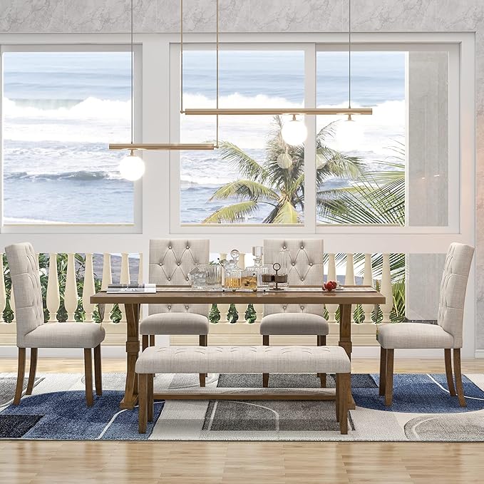 Wood Rectangular Dining Set for 6, includes 1 Table with Cross-Legged Trestle Base, 4 Upholstered High Back Chairs & 1 Bench, Farmhouse Style, Walnut, 72" L x 42" W x 30" H - LeafyLoom