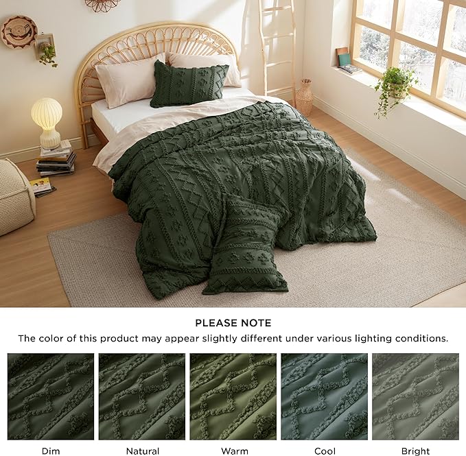 Bedsure Tufted Boho Comforter Set Full - Olive Green Boho Bedding Comforter Set, 3 Pieces Farmhouse Shabby Chic Embroidery Bed Set, Soft Jacquard Comforter for All Seasons - LeafyLoom