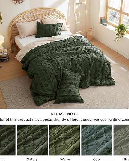 Bedsure Tufted Boho Comforter Set Queen - Olive Green Boho Bedding Comforter Set, 3 Pieces Farmhouse Shabby Chic Embroidery Bed Set, Soft Jacquard Comforter for All Seasons - LeafyLoom