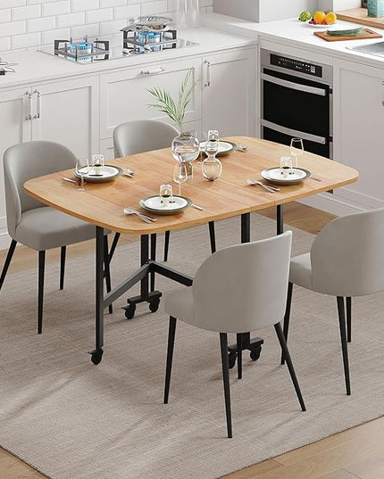 Multifunction Table Drop Leaf Dining Table - 47" Solid Wooden Foldable Kitchen Table with 6 Wheels (Natural) - LeafyLoom