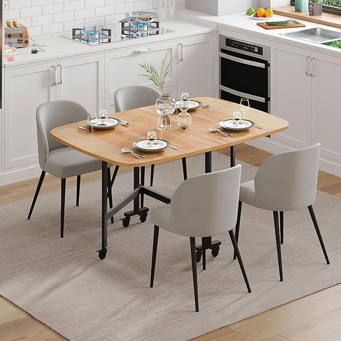 Multifunction Table Drop Leaf Dining Table - 47" Solid Wooden Foldable Kitchen Table with 6 Wheels (Natural) - LeafyLoom