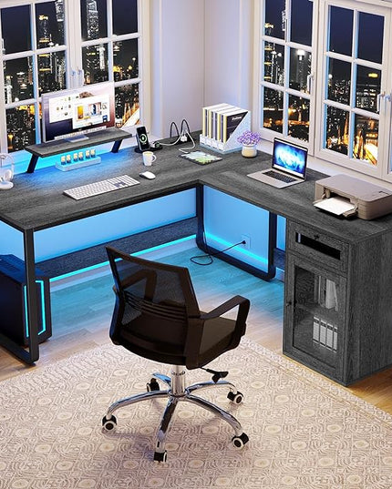 YITAHOME L Shaped Desk with Power Outlets & LED Lights, Reversible Computer Desk with Drawer & File Cabinet, Corner Office Desk with Monitor Stand, L-Shaped Gaming Desk, Grey - LeafyLoom