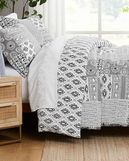 Southshore Fine Living, Inc. Full/Queen Size Comforter Bedding Set with Pillow Shams, Reversible Global Patchwork Quilt is 2 Colors in 1 - Alternative Down Comforter Queen/Full, Grey & White - LeafyLoom