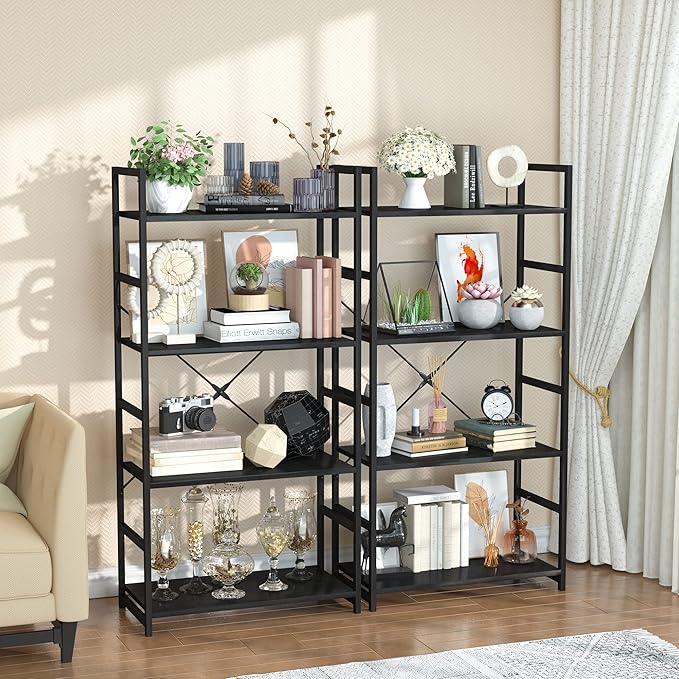 OTK 4 Tier Bookshelf, Tall Bookcase, Office Shelf Storage Organizer, Modern Book Shelf for Living Room, Bedroom, and Home Office, Black - LeafyLoom