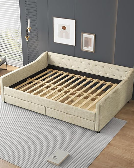 Full Size Daybed with 2 Drawers, Upholstered Tufted Sofa Bed with Button on Back and Piping on Waved Shape Arms for Bedroom, Apartment, Living Room, Wooden Slats Support, Beige - LeafyLoom