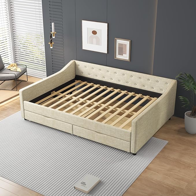 Full Size Daybed with 2 Drawers, Upholstered Tufted Sofa Bed with Button on Back and Piping on Waved Shape Arms for Bedroom, Apartment, Living Room, Wooden Slats Support, Beige - LeafyLoom