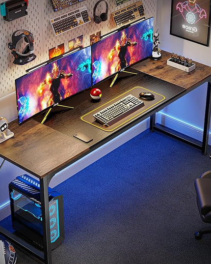 Computer Desk, 70 Inch Office Desk, Gaming Desk with Storage, Writing Desk Work Desk for Home Office, Study, Long Simple Desk, Large Legroom, Metal Frame, Rustic Brown and Black - LeafyLoom