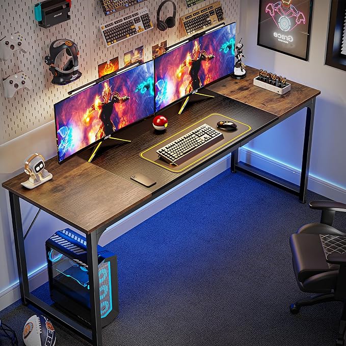Computer Desk, 70 Inch Office Desk, Gaming Desk with Storage, Writing Desk Work Desk for Home Office, Study, Long Simple Desk, Large Legroom, Metal Frame, Rustic Brown and Black - LeafyLoom