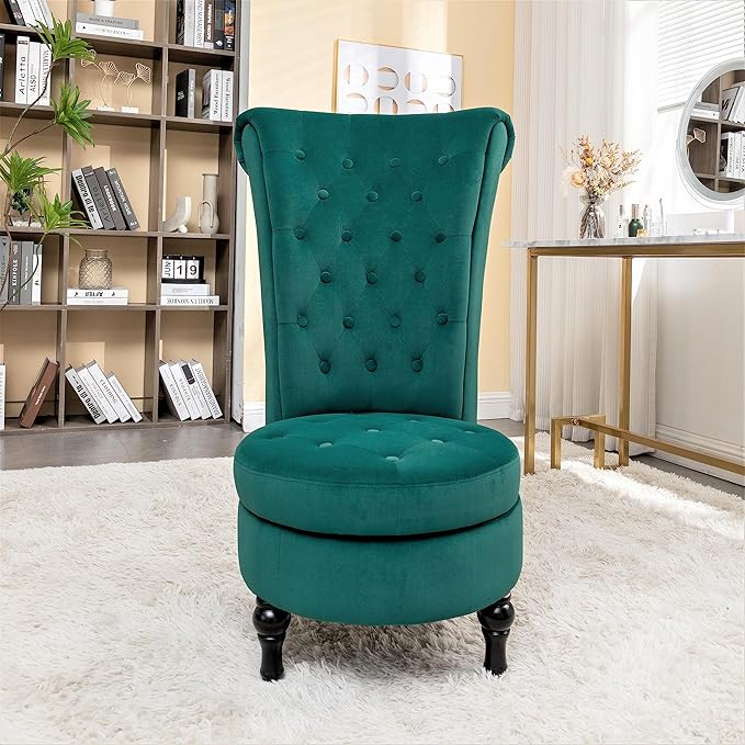 Royal High-Back Velvet Accent Chair for Vanity with Storage and Luxurious Upholstery, Retro Design and Versatile Usage for Living Room, Bedroom, Lounge and Office, Green - LeafyLoom