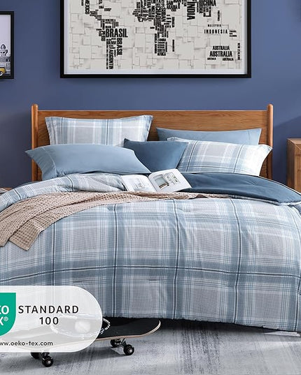 Light Blue Twin Bed Set, Plaid Twin XL Comforter Set for Boys & Girls,Classic Homestead-style Twin Comforter Set with Sheets and Comforter Set - LeafyLoom