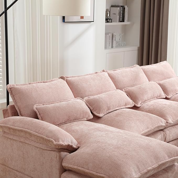 6 Seater Overstuffed Modular Sectional Sofa Cloud Couch with Double Chaise Lounge, U Shaped Chenille Upholstered Leisure Sofa&Couches with Memory Foam and Waist Pillows for Living Room Office - LeafyLoom