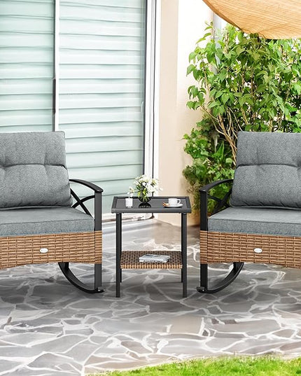 YITAHOME 3-Piece Outdoor Rocking Chair Bistro Set, Patio Wicker Rocking Chair Conversation Set with Glass Coffee Table & Soft Cushions for Balcony, Lawn and Porch Poolside (Light Brown+Gray) - LeafyLoom