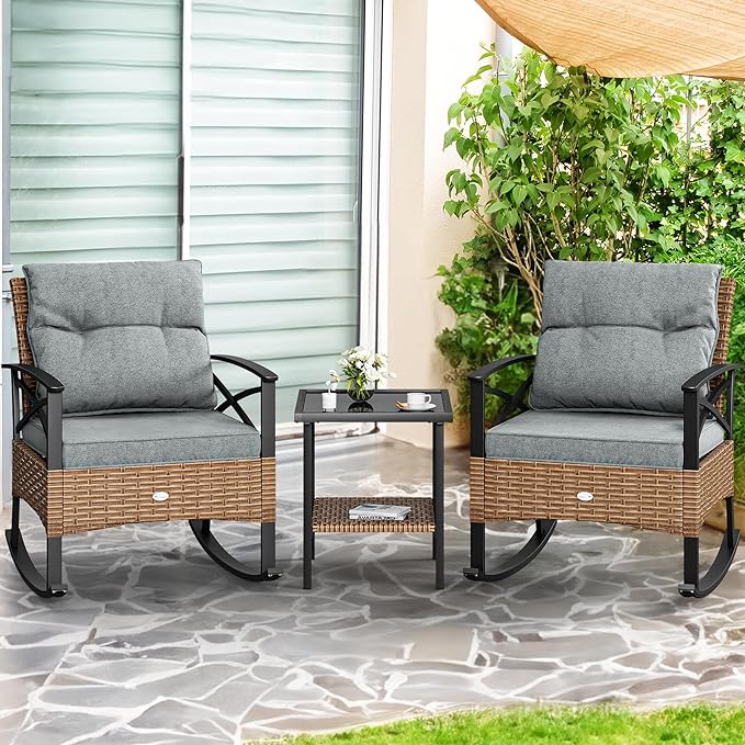 YITAHOME 3-Piece Outdoor Rocking Chair Bistro Set, Patio Wicker Rocking Chair Conversation Set with Glass Coffee Table & Soft Cushions for Balcony, Lawn and Porch Poolside (Light Brown+Gray) - LeafyLoom