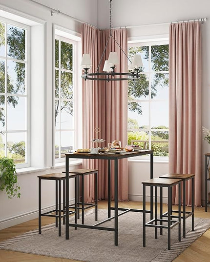 Dining Table Set for 4, Bar Table and Chairs Set, Square Bar Table with 4 High Stools with Footrest, Industrial Counter Height Dining Pub Bar Table Set for 2, for Home Kitchen Breakfast, Rustic Brown - LeafyLoom