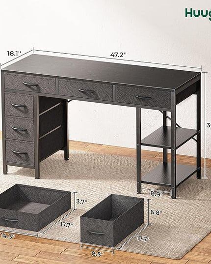 Computer Desk with 6 Drawers, 47 Inch Office Desk with Shelves, Reversible Gaming Desk, Corner Desk with Storage, Work Desk for Home Office, Study, Living Room, Black - LeafyLoom