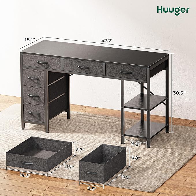 Computer Desk with 6 Drawers, 47 Inch Office Desk with Shelves, Reversible Gaming Desk, Corner Desk with Storage, Work Desk for Home Office, Study, Living Room, Black - LeafyLoom