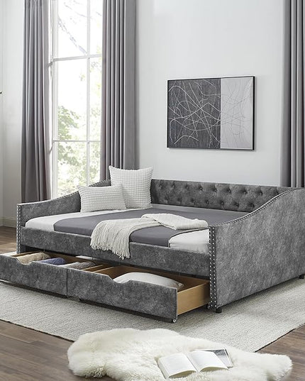 Full Size Upholstered Daybed with Two Storage Trundle Drawers, Wooden Sofa Bed w/Button Tufted Backrest and Waved Shape Arms, No Box Spring Needed, for Living Room, Bedroom, Dorm, Grey - LeafyLoom