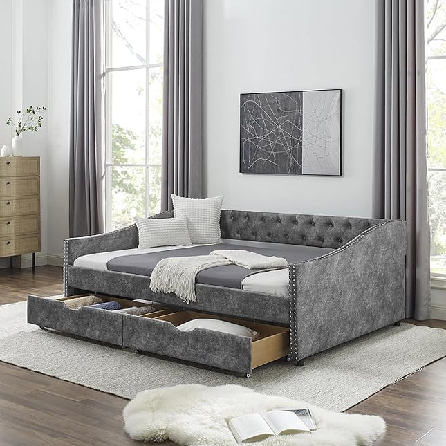 Upholstered Full Size Daybed with Two Storage Trundle Drawers, Solid Wooden Bed Frame w/Button Tufted Backrest, No Box Spring Needed, for Kids, Bedroom, Dorm - LeafyLoom