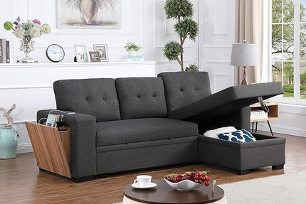 92 inch Convertible Sleeper L-Shaped Sectional Sofa with Storage Chaise, Upholstered Reversible Couch with Side Open Cup Holder for Apartment, Dorm, Living Room, Gray, 92inch, Dark Grey-5 - LeafyLoom
