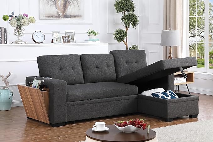 92 inch Convertible Sleeper L-Shaped Sectional Sofa with Storage Chaise, Upholstered Reversible Couch with Side Open Cup Holder for Apartment, Dorm, Living Room, Gray, 92inch, Dark Grey-5 - LeafyLoom
