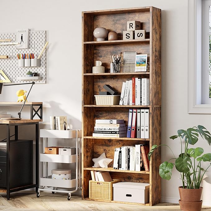 IRONCK Industrial Bookshelves and Bookcases Floor Standing 6 Shelf Display Storage Shelves 70 in Tall Bookcase Home Decor Furniture for Home Office, Living Room, Bed Room, Vintage Brown - LeafyLoom