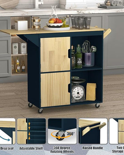 Usinso Rolling Kitchen Island, Kitchen Island Storage Cabinets on Wheels with Drop Leaf Countertop, Handle Racks, Caster Liquor Cart Suitable for Placing (Blue) - LeafyLoom