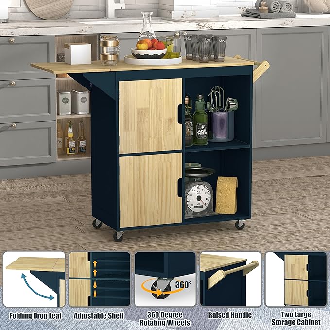 Usinso Rolling Kitchen Island, Kitchen Island Storage Cabinets on Wheels with Drop Leaf Countertop, Handle Racks, Caster Liquor Cart Suitable for Placing (Blue) - LeafyLoom