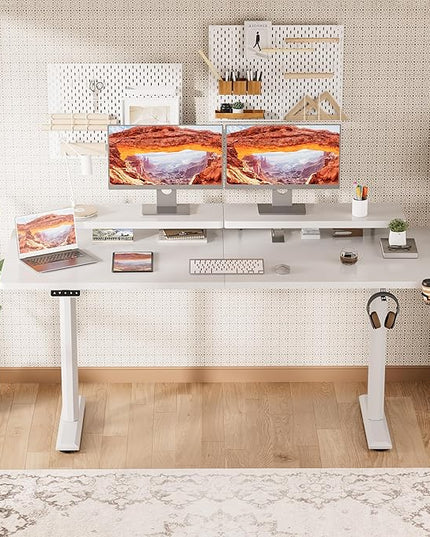 Electric Standing Desk with Monitor Shelf, 63 x 27 Inches Height Adjustable Corner Table, Computer Workstation with Cup Holder and Hook for Home Office, White, 63x27 Inch - LeafyLoom