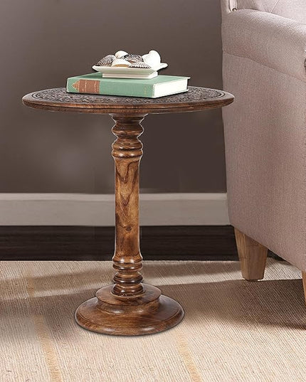 Round End Table,Small Table,Side Table, Side Tables Living Room,End Table,Round Side Table,Altar Table, Carved Side Table,Wood Accent Table,Carved Wood Table Single Pillar 18x22 inch Burnt - LeafyLoom