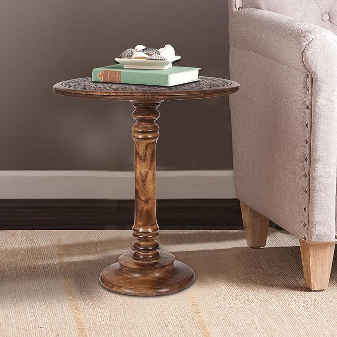 Round End Table,Small Table,Side Table, Side Tables Living Room,End Table,Round Side Table,Altar Table, Carved Side Table,Wood Accent Table,Carved Wood Table Single Pillar 18x22 inch Burnt - LeafyLoom