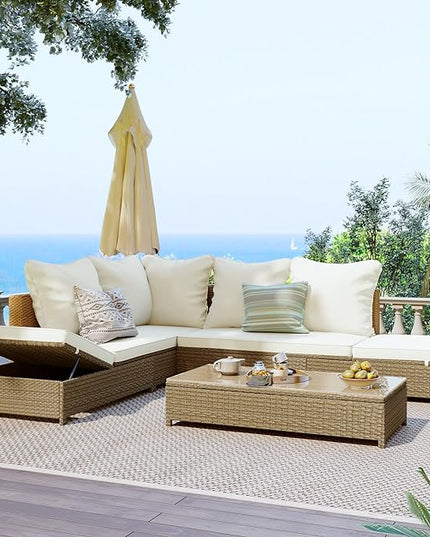 Merax Patio Furniture Sets Outdoor, All Weather PE Rattan Sofa with Adjustable Chaise Lounge, Seat Cushions and Tempered Glass Table, Beige - LeafyLoom