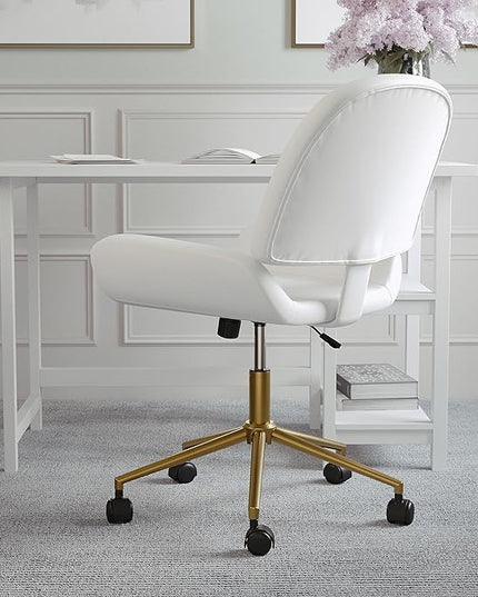 Martha Stewart Tyla Armless Swivel Task Chair for Home Office in White Faux Leather with Polished Brass Frame - LeafyLoom