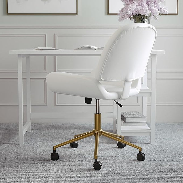 Martha Stewart Tyla Armless Swivel Task Chair for Home Office in White Faux Leather with Polished Brass Frame - LeafyLoom