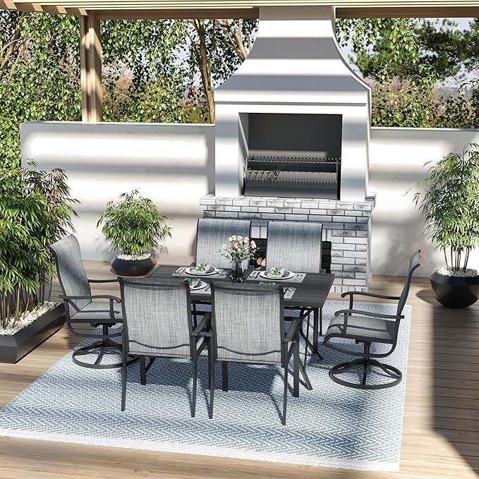 Pamapic 7 Pieces Patio Dining Set, Outdoor Dining Set for Garden Backyard Poolside Deck,Outdoor Table and Chairs Set with 4 Textilene Swivel Chairs & 2 Regular Chairs,Gray - LeafyLoom