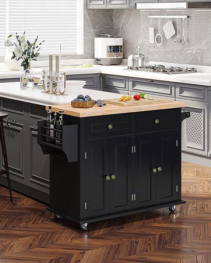 HOMCOM Kitchen Island on Wheels, Rolling Cart with Rubberwood Top, Spice Rack, Towel Rack and Drawers for Dining Room, Black - LeafyLoom