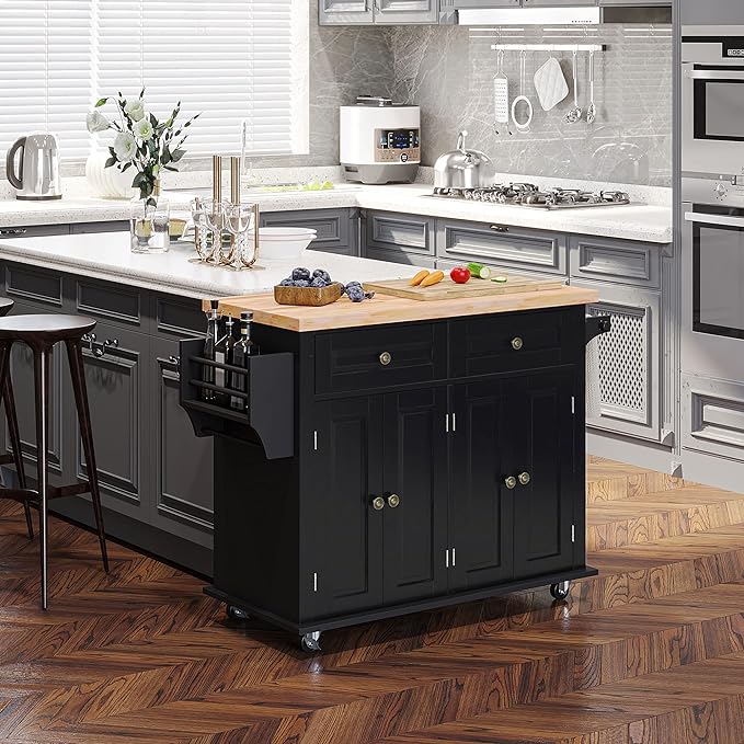 HOMCOM Kitchen Island on Wheels, Rolling Cart with Rubberwood Top, Spice Rack, Towel Rack and Drawers for Dining Room, Black - LeafyLoom