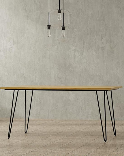 SIMPLIHOME Hunter Dining, Solid Wood Oak Veneer Tabletop Powder-Coated Iron Metal Legs in Black, Industrial-Style Rectangular Kitchen Table for 4 to 6 People, 66 inches - LeafyLoom