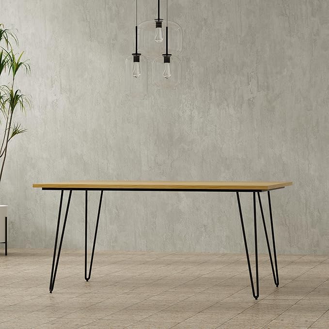 SIMPLIHOME Hunter Dining, Solid Wood Oak Veneer Tabletop Powder-Coated Iron Metal Legs in Black, Industrial-Style Rectangular Kitchen Table for 4 to 6 People, 66 inches - LeafyLoom