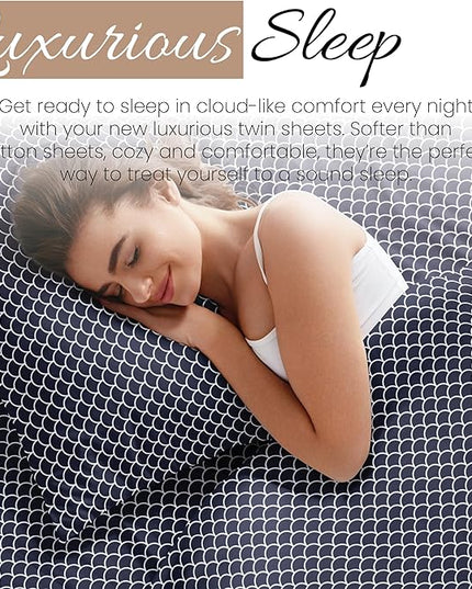3 Piece Twin Bedding Sheet Set (Navy Scallops) - Sleep Better Than Ever with These Ultra-Soft & Cooling Bed Sheets for Your Twin Size Bed - Deep Pocket Fits 16" Mattress - LeafyLoom
