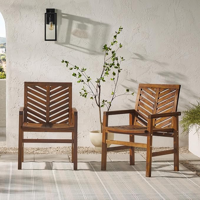 Walker Edison 2 Piece Outdoor Patio Chevron Wood Chair Set All Weather Backyard Conversation Garden Poolside Balcony, Set of 2, Dark Brown - LeafyLoom