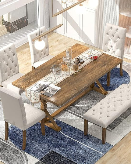 6-Piece Farmhouse Dining Table Set Wood Rectangular Tabletop, 4 Tufted Upholstered Chairs and Bench, for Dinette Room and Kitchen, Walnut, 72" L x 42" W x 30" H - LeafyLoom