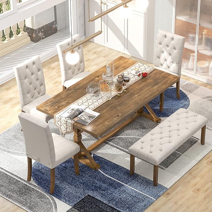 6-Piece Farmhouse Dining Table Set Wood Rectangular Tabletop, 4 Tufted Upholstered Chairs and Bench, for Dinette Room and Kitchen, Walnut, 72" L x 42" W x 30" H - LeafyLoom